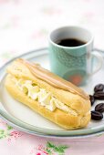 An eclair with coffee-flavoured icing