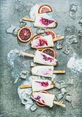 Blood orange, yogurt and granola popsicles on ice cubes over grey concrete background