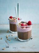 Layered strawberry and chocolate cream with popped spelt