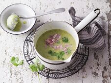 Brokkolisuppe mit Koriander und Schinken