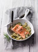 Salmon on a bed of courgette and fennel