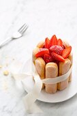 A small strawberry and mascarpone cake with sponge fingers