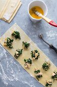 Homemade salmon and spinach ravioli