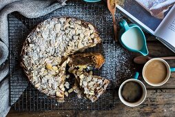 Spiced pear and almond cake, sliced