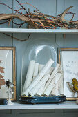 Old scrolls under glass cover and collectors items on shelves
