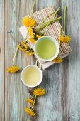 Dandelion tea in small bowls (top view)