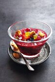 Summer berry gazpacho with brioche croutons and lime jelly cubes