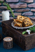 Fruitcake on a wicker plate for Christmas