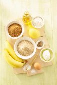 Ingredients for banana bread with ground hazelnuts