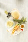 Ingredients for fried mie noodles with chicken breast, carrot and ginger