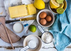 Ingredients for making lemon pudding (top view)