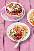 Barley with baked grapes, feta, and red onion