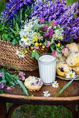 Blueberry crumble muffins in a garden