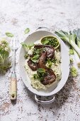 Lamb chops with broccoli and leek puree and mint gremolata
