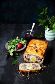 Chicken pie with sausage, bacon and egg (England)