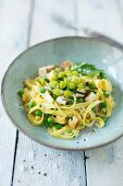 Ribbon noodles with smoked tofu and peas