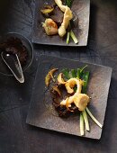 Sole tempura and scallops with spring onions