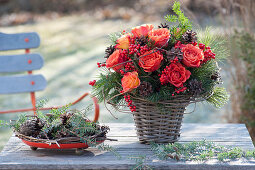 Bouquet of Rose, Ilex verticillata, cones