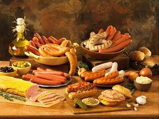 Various sausages, pea sausage-bacon and hot dogs