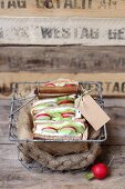 Healthy sandwiches in a wire basket