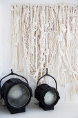 Natural white wool wall hanging and two vintage spotlights