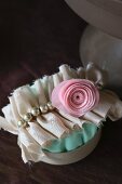 Hair clip made from gathered fabric, pearls and fabric rose