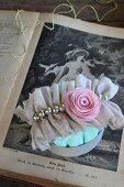 Hair clip made from gathered fabric, pearls and fabric rose
