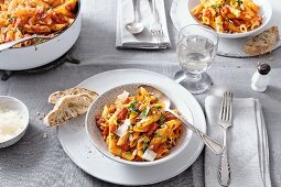 Penne with tomato sauce, basil, pine nuts and parmesan