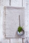 A garlic leaf and flower on a ladle