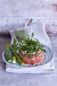 Salmon tartare with wild herbs and green asparagus