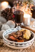 Venison, cocoa nibs and juniper casserole with orange and thyme dumplings