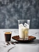 Milk with ice cubes and espresso