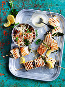 Snapper and bay leaf skewers with root vegetable slaw