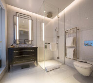 Glass shower cabinet in elegant bathroom, Ten Trinity Square, London