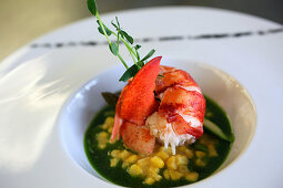 Lobster with corn pudding and asparagus