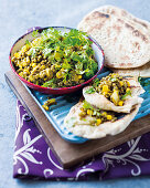 Curried lentils and spicy naan bread (India)