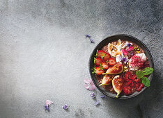 A breakfast bowl with oats, chocolate and chia seeds