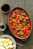 Beef chicks with pepeer and carrot in tomato sauce