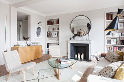 Classic designer living room in pale earthy tones