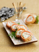 Pancake rolls with smoked salmon and dill cream