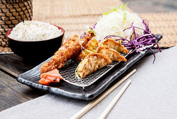 Gyoza and Prawn Katsu platter served with rice (Japan)