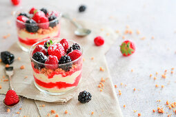 Layered desserts in glasses with custard cream, fruit sauce, biscuit crumbs and berries