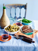 Roast beef, fried cauliflower and green beans