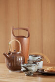 Retro-style ceramic cups and teapot