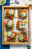 Herb waffles with smoked salmon and a fennel and cucumber salad