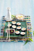 Maki sushi with ginger, soy sauce and wasabi