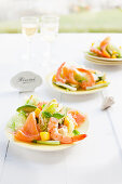 Iceberg lettuce with prawns, smoked salmon and mango (Australia)