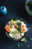 Tom yum soup with noodles, prawns and egg (Thailand)