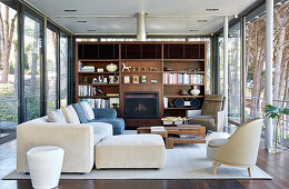Living room in natural shades with glass walls and fitted shelving