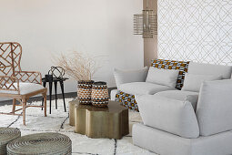 Wintry ethnic-style living room in pale shades